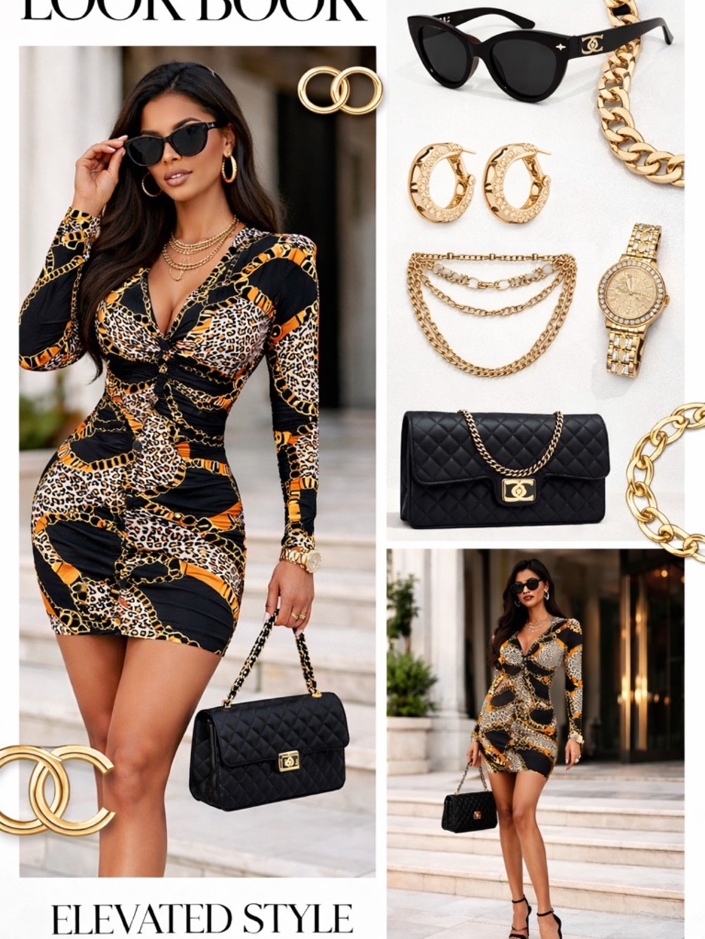 Black & Gold Chain-Print Long Sleeve Mini Dress